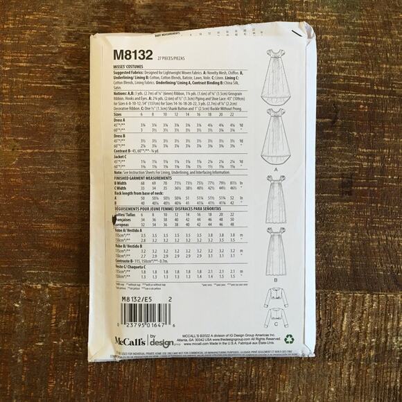 McCalls Sewing Pattern M8132 Regency Bridgerton Romance Dress Jacket 14-22 UNCUT - Picture 2 of 3